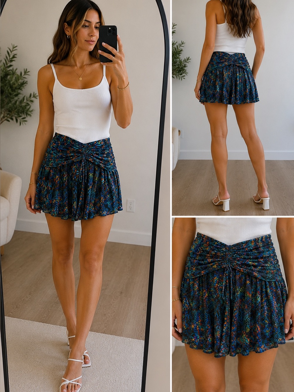 Free People Size 4 Ruched Mini Skirt Multicolor Abstract Print Drawstring Y2K